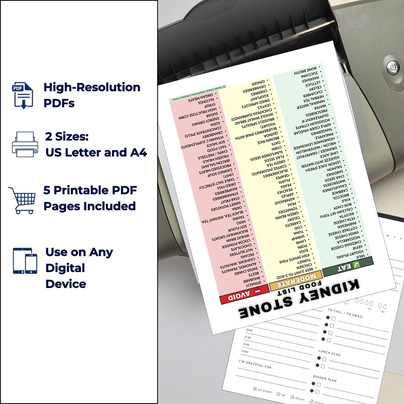 May include: A printed PDF document with a kidney stone food list, categorized as avoid, moderate, and eat. The document includes a meal planner and is designed for use on a digital device. The text includes "High-Resolution PDFs" and "5 Printable PDF Pages Included."