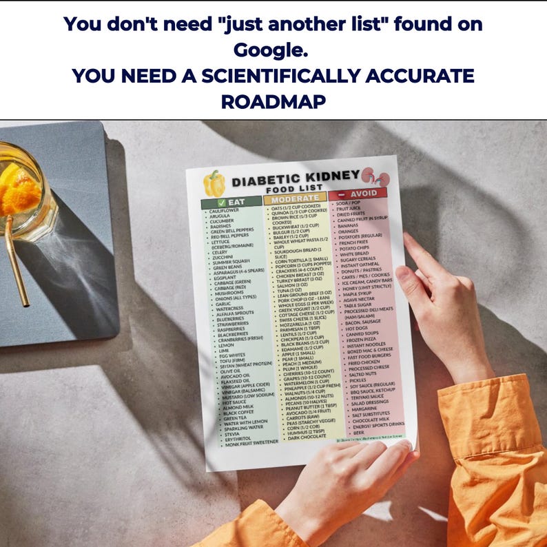 May include: A person holds a printed "Diabetic Kidney Food List" with "Eat," "Moderate," and "Avoid" columns. The text above reads, "You don't need 'just another list' found on Google. YOU NEED A SCIENTIFICALLY ACCURATE ROADMAP."