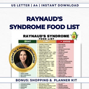 May include: A Raynaud's Syndrome food list with "Eat", "Limit", and "Avoid" sections. The list includes foods like wild salmon, coffee, and iced water. The document is created by a medical biochemist and includes a bonus shopping and planner kit.
