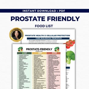 May include: A Prostate-Friendly Food List PDF, featuring a detailed guide on foods to eat, limit, and avoid for prostate health. Includes a list of foods like cooked tomatoes, broccoli, and grass-fed beef. The document is created by a medical biochemist.