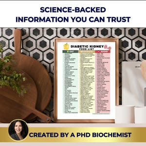 May include: A framed "Diabetic Kidney Food List" poster with "Eat," "Moderate," and "Avoid" sections. The poster is on a wooden surface with cutting boards and a woman's photo at the bottom. Text at the top reads "Science-Backed Information You Can Trust."