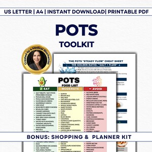 May include: A printable PDF titled "POTS Toolkit" with food lists and a cheat sheet for managing POTS symptoms. The document includes "Eat," "Moderate," and "Avoid" food categories, along with a bonus shopping and planner kit.