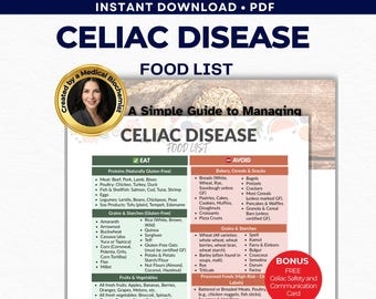 Celiac Disease Food List, Gluten Free Guide, Restaurant Card, Cross Contamination Safety, Autoimmune PDF