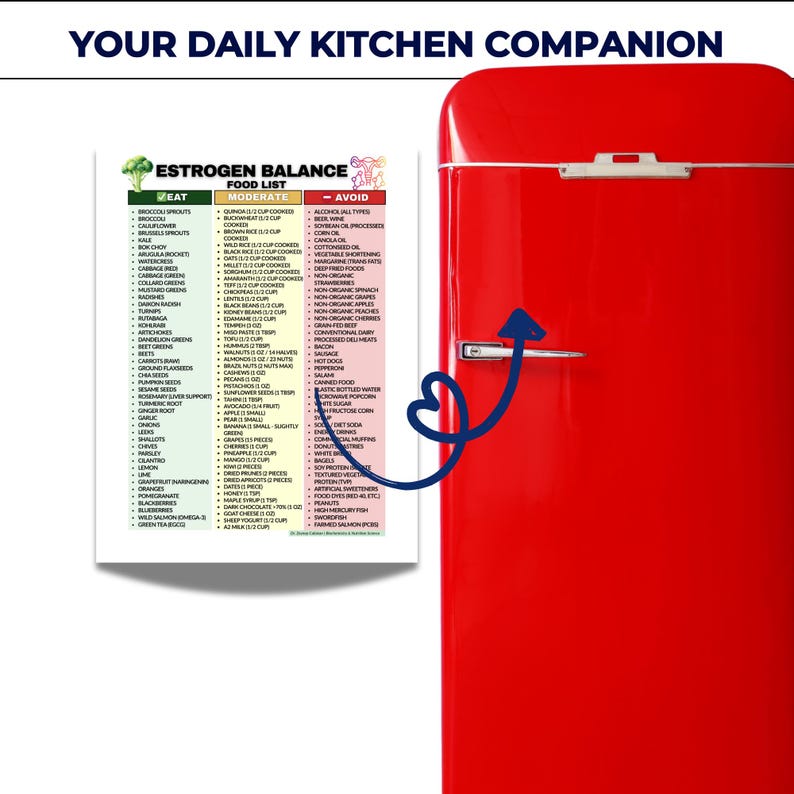 May include: A red retro refrigerator with a white handle and a food list titled "Estrogen Balance" is displayed. The food list categorizes foods into "Eat", "Moderate", and "Avoid" sections. The text "Your Daily Kitchen Companion" is at the top.