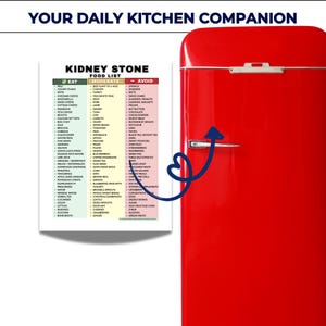 May include: A red refrigerator with a white handle and a food list for kidney stones. The list categorizes foods to eat, moderate, and avoid. The text at the top says "YOUR DAILY KITCHEN COMPANION".