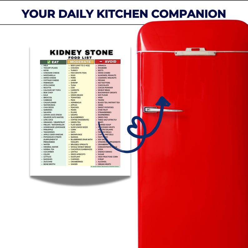 May include: A red refrigerator with a white handle and a food list for kidney stones. The list categorizes foods to eat, moderate, and avoid. The text at the top says "YOUR DAILY KITCHEN COMPANION".