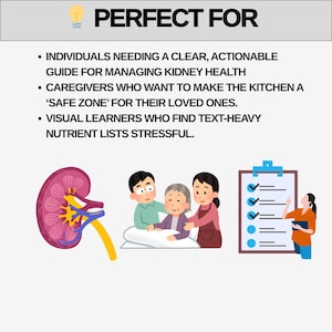 Op de afbeelding: Illustratie met de tekst "PERFECT FOR" bovenaan. De afbeelding bevat een gestileerde nier, een gezin en een checklist. De tekst hieronder somt personen op die een gids nodig hebben voor niergezondheid, zorgverleners en visuele leerlingen.