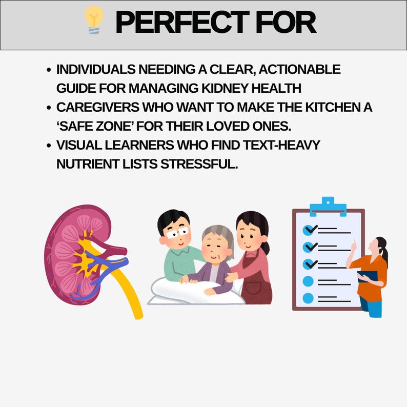 Op de afbeelding: Illustratie met de tekst "PERFECT FOR" bovenaan. De afbeelding bevat een gestileerde nier, een gezin en een checklist. De tekst hieronder somt personen op die een gids nodig hebben voor niergezondheid, zorgverleners en visuele leerlingen.