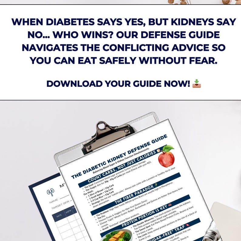 May include: A clipboard with a printed guide titled "The Diabetic Kidney Defense Guide" with text about managing blood sugar and kidney function. The guide includes sections on counting carbs, fiber, and protein portions. The top of the image has text that reads "When diabetes says yes, but kidneys say no..."