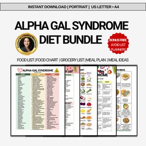 Puede incluir: Un paquete de descarga digital para la dieta del Síndrome Alfa Gal, que incluye listas de alimentos, gráficos, listas de compras, planes de comidas e ideas de comidas. El paquete incluye un planificador de lista de evitar.