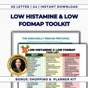 May include: A digital download titled "Low Histamine & Low FODMAP Toolkit" with food lists and shopping planner. The image features a food list with "Eat", "Moderate", and "Avoid" categories, and a photo of a woman.