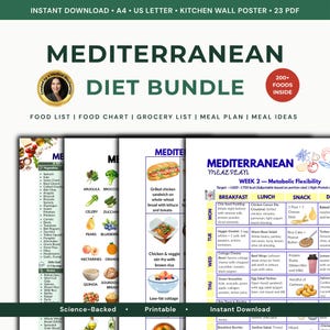 May include: A Mediterranean diet bundle digital document set featuring a food list, grocery list, and meal plan. The pages include colorful illustrations of vegetables, fruits, and grains, with text detailing nutritional plans and food categories.
