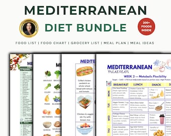 Mediterranean Diet Food List Printable Bundle, Anti Inflammatory Meal Plan, Heart Healthy Diet, 4 Week Menu, Eat Limit Avoid PDF