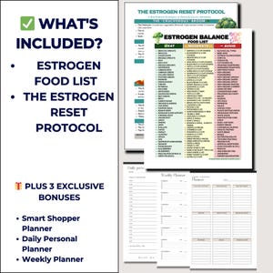 May include: A collection of printable documents includes an Estrogen Food List, an Estrogen Reset Protocol, a Smart Shopper Planner, a Daily Personal Planner, and a Weekly Planner. The documents are in black and white with green accents.