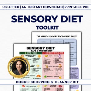 Può includere: Un PDF stampabile intitolato "Sensory Diet Toolkit" con un "Neuro-Sensory Food Cheat Sheet" e una "Safe & Trigger List". L'elenco classifica gli alimenti come "Safe" o "Sensory Overload". Include un kit bonus per lo shopping e la pianificazione.