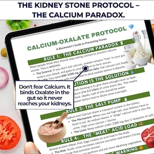 May include: A tablet displays text about the Calcium-Oxalate Protocol for preventing kidney stones. The text includes rules, scientific explanations, and solutions. Images of food and dairy products are also present.
