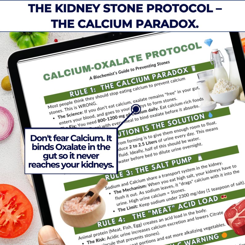 May include: A tablet displays text about the Calcium-Oxalate Protocol for preventing kidney stones. The text includes rules, scientific explanations, and solutions. Images of food and dairy products are also present.