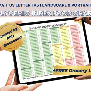 May include: A digital tablet showing a glycemic index food chart, held by hands. The chart is colour-coded and lists foods with their GI values. Text at the top reads "A4 | US LETTER | A5 | LANDSCAPE & PORTRAIT" and "GLYCEMIC INDEX FOOD CHART". A gold seal says "Created by PhD Biochemist".