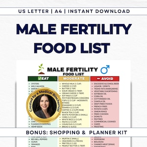 May include: A printable guide titled "MALE FERTILITY FOOD LIST" with a list of foods to eat, moderate, and avoid. The document includes a photo of a medical biochemist and lists foods like oysters, wild salmon, and chia seeds. The document is a US Letter and A4 instant download.