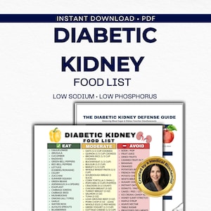 May include: A printable PDF guide titled "Diabetic Kidney Food List" with sections for foods to eat, moderate, and avoid. The guide is designed to help balance blood sugar and kidney function. Includes a photo of a medical biochemist.