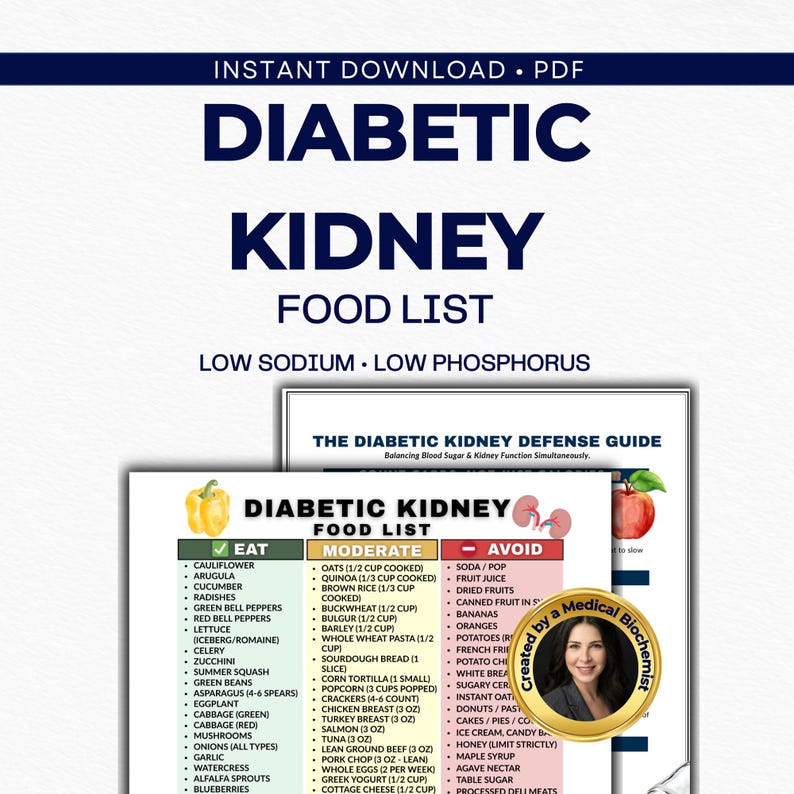 Printable Diabetic Kidney food list and CKD diet guide PDF. A comprehensive low sodium and low phosphorus toolkit showing a categorized food chart with Eat, Moderate, and Avoid columns. Includes a gold 'Created by a Medical Biochemist' trust badge with a photo.