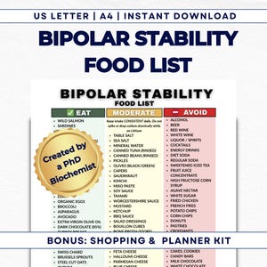 May include: A printable food list for bipolar stability, featuring categories for foods to eat, moderate intake, and avoid. Includes a gold seal that reads "Created by a PhD Biochemist."