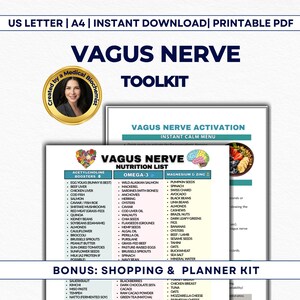 May include: A printable PDF toolkit titled "Vagus Nerve" with a nutrition list and shopping planner. The toolkit includes a list of foods that boost acetylcholine, omega-3s, and magnesium & zinc. The image also features a photo of a woman.
