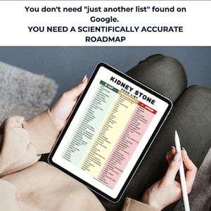 May include: A tablet displaying a "Kidney Stone Food List" with "Eat," "Moderate," and "Avoid" sections. The tablet is held by a person, with a stylus in hand. The text at the top reads, "You don't need 'just another list' found on Google. You need a scientifically accurate roadmap."