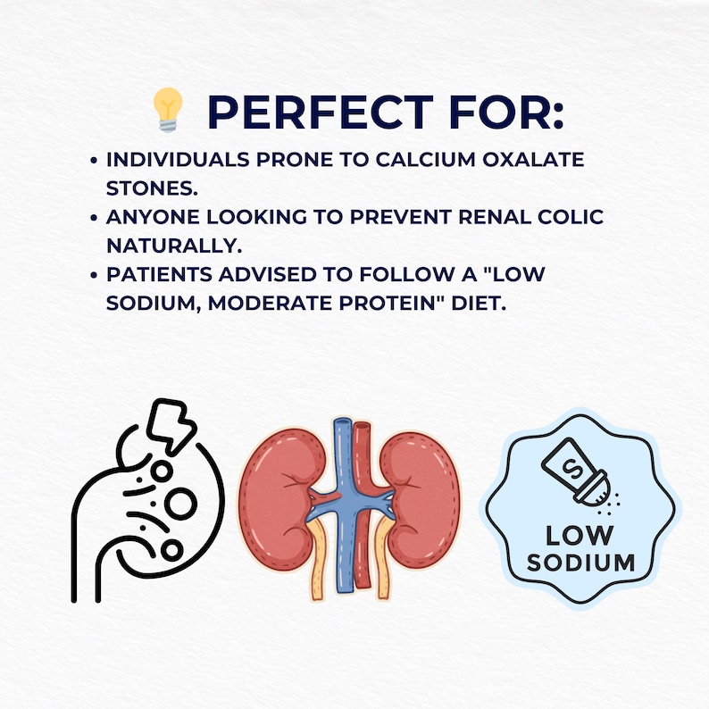 May include: Image with text "PERFECT FOR:" and bullet points about kidney health. Includes illustrations of a kidney, a hand with kidney stones, and a "LOW SODIUM" icon.