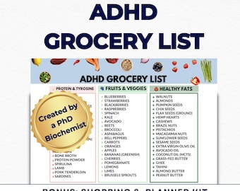 Könnte beinhalten: Eine druckbare ADHD-Einkaufsliste mit Kategorien für Proteine, Obst, Gemüse und gesunde Fette. Enthält ein Bonus-Shopping- und Planer-Kit. Erstellt von einem promovierten Biochemiker, sofortiger Download.