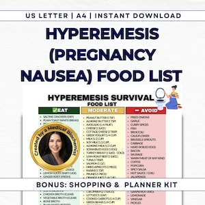 May include: A printable food list for managing hyperemesis gravidarum, also known as pregnancy nausea. The document is divided into "Eat," "Moderate," and "Avoid" categories, with a bonus shopping and planner kit. The document is created by a medical biochemist.