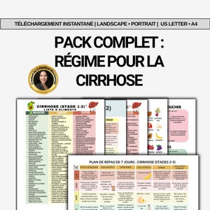 May include: A comprehensive guide for a cirrhosis diet, featuring lists of foods to eat, limit, and avoid, along with a 7-day meal plan. The document is in French, with detailed dietary advice and meal suggestions.
