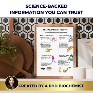 K&ouml;nnte beinhalten: Ein gerahmter Druck mit dem Titel "The PMDD Rescue Protocol" mit dem Text: "Science-Backed Information You Can Trust." Der Druck listet Bew&auml;ltigungsstrategien f&uuml;r Stimmungsprobleme auf. Unten ist ein Foto einer Frau. Holzschneidebretter sind links.