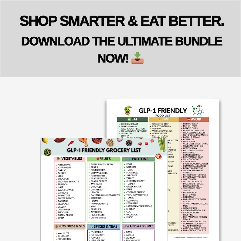 Op de afbeelding: Een grafische afbeelding die gezonde eetgewoonten promoot, met de tekst "SHOP SMARTER & EAT BETTER. DOWNLOAD THE ULTIMATE BUNDLE NOW!" boven een GLP-1 voedsel- en boodschappenlijst, met "EAT" en "AVOID" secties.
