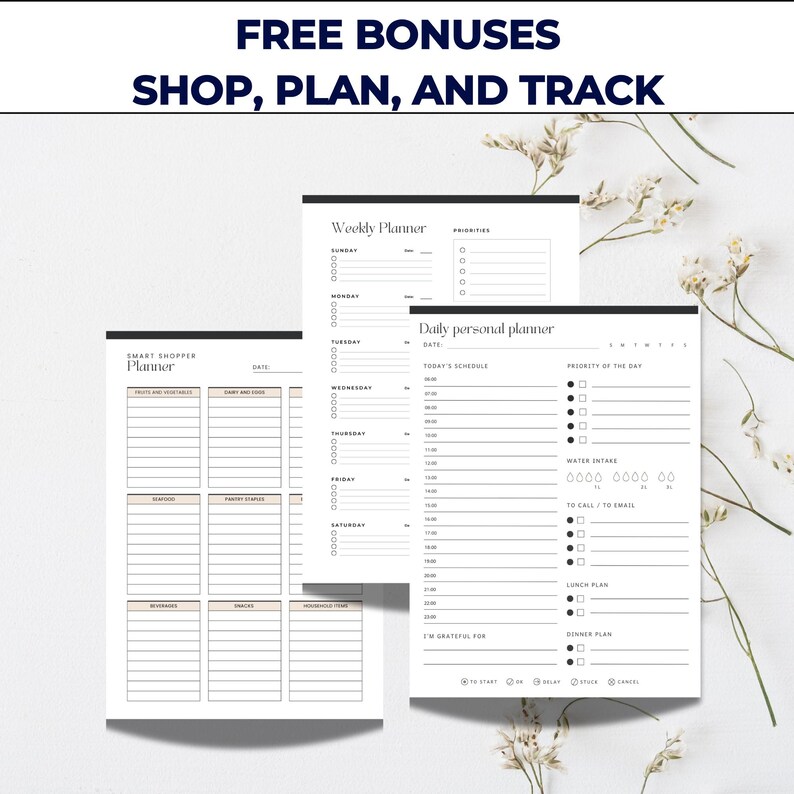May include: A collection of printable planner pages with the text "FREE BONUSES SHOP, PLAN, AND TRACK". The pages include a weekly planner, a daily personal planner, and a smart shopper planner. The pages are black and white.