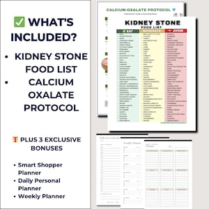 May include: A guide to preventing kidney stones, including a food list with eat, moderate, and avoid categories. Includes a Smart Shopper Planner, Daily Personal Planner, and Weekly Planner. The guide is in black, white, green, and red.