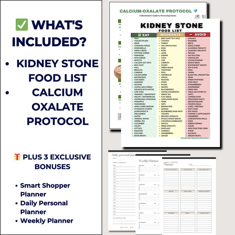 May include: A guide to preventing kidney stones, including a food list with eat, moderate, and avoid categories. Includes a Smart Shopper Planner, Daily Personal Planner, and Weekly Planner. The guide is in black, white, green, and red.