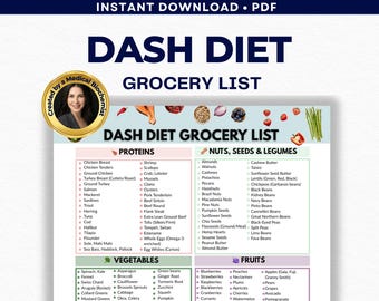 Lista de la compra de la dieta DASH, PDF de la dieta para la presión arterial alta, lista de alimentos bajos en sodio, tabla de hipertensión, alimentos saludables para el corazón, plan de dieta para la presión arterial