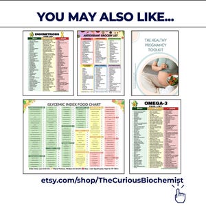 May include: A collection of educational charts and a toolkit. The charts include an Endometriosis Food List, an Antioxidant Grocery List, a Glycemic Index Food Chart, and an Omega-3 Food List. The toolkit is titled "The Healthy Pregnancy Toolkit". The Etsy shop URL is visible.