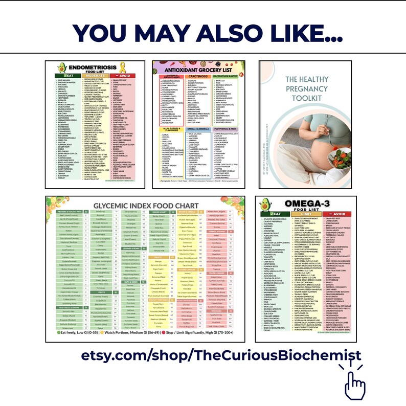 May include: A collection of educational charts and a toolkit. The charts include an Endometriosis Food List, an Antioxidant Grocery List, a Glycemic Index Food Chart, and an Omega-3 Food List. The toolkit is titled "The Healthy Pregnancy Toolkit". The Etsy shop URL is visible.