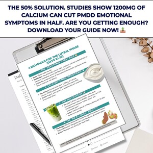 K&ouml;nnte beinhalten: Ein Klemmbrett mit einem gedruckten Leitfaden mit dem Titel "4 Bio-Hacks f&uuml;r die Lutealphase" mit Text und Bildern. Der Leitfaden behandelt Ern&auml;hrungs- und Lebensstil&auml;nderungen zur Linderung von PMS-Symptomen. Ein Stift und ein Tagesplaner sind ebenfalls sichtbar.