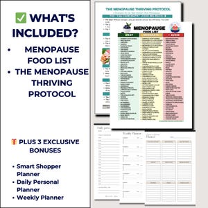 May include: A collection of printable documents for menopause support. Includes a menopause food list, a thriving protocol, and bonus planners. The documents feature lists of foods to eat and avoid, and a daily and weekly planner.