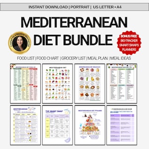 Printable Mediterranean diet food list and heart healthy food plan PDF bundle. Shows 8 stacked preview pages including grocery checklists, meal plans, and food charts. Features a gold 'Created by a Medical Biochemist' trust badge with a photo and a red bonus sticker.