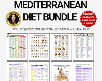 Afdrukbare bundel mediterraan dieet, voedsellijst, ontstekingsremmend maaltijdplan, hartgezond dieet, menu van 4 weken, eetlimiet vermijden (pdf)