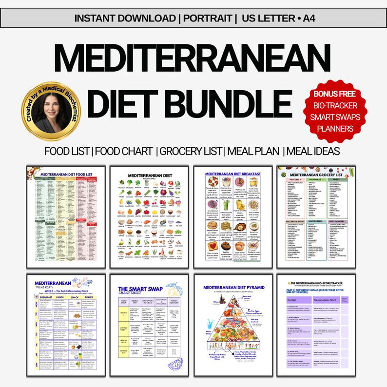 Printable Mediterranean diet food list and heart healthy food plan PDF bundle. Shows 8 stacked preview pages including grocery checklists, meal plans, and food charts. Features a gold 'Created by a Medical Biochemist' trust badge with a photo and a red bonus sticker.
