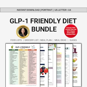 Peut inclure: Un ensemble téléchargeable numériquement pour un régime GLP-1 friendly, comprenant des listes d'aliments, des listes d'épicerie, des plans de repas et des plans d'entraînement. L'image présente un portrait de femme.