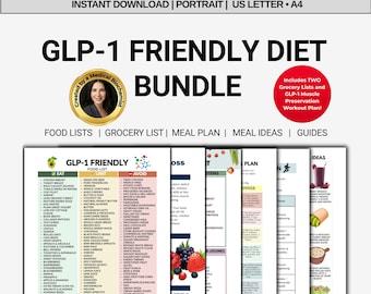 GLP-1 Lebensmittelliste, Diät-Leitfaden & Proteinreicher Mahlzeitenplan im Bundle – Semaglutid Lebensmittelliste, Muskelverteidigung, Side Effects Monitor PDF
