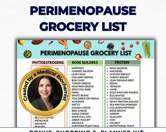 Lista de la compra para la perimenopausia (PDF) – Guía de alimentación para la menopausia, alimentos para el equilibrio hormonal
