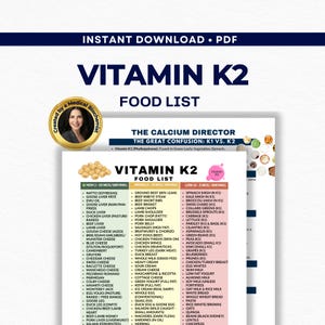 Op de afbeelding: Een direct downloadbare PDF-voedingslijst voor vitamine K2, met een afbeelding van een vrouw en de tekst "The Calcium Director: K1 vs. K2." De lijst categoriseert voedingsmiddelen op vitamine K2-gehalte, waaronder natto, ganzenlever en diverse kazen.