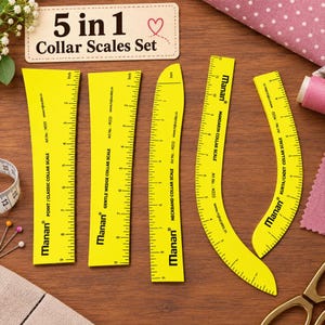 May include: A 5 in 1 Collar Scales Set featuring five yellow plastic sewing rulers with black markings and text. Each ruler is labeled with specific functions including Point, Gentle Wedge, Neckband, Mandarin, and Kurta/Cadet collar scales.
